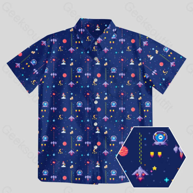 Retro Style Arcade Video Game featuring Space Blue Button Up Pocket Shirt - Geeksoutfit