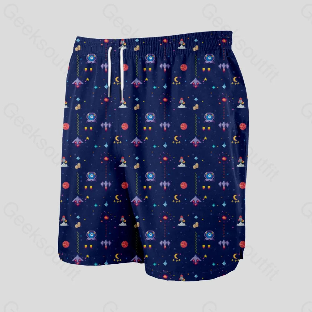 Retro Style Arcade Video Game featuring Space Blue Geeky Drawstring Shorts - Geeksoutfit
