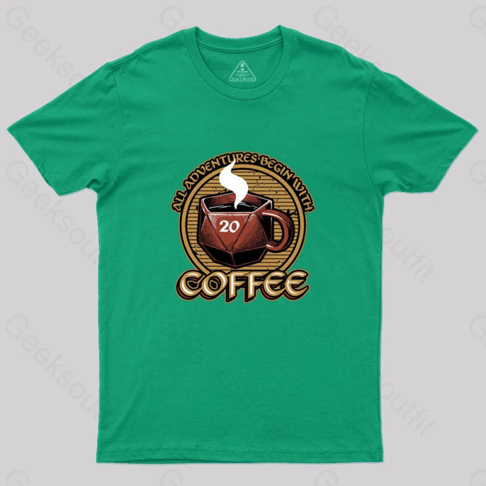 Rpg - All Adventures Begin With Coffee T-Shirt Green / S