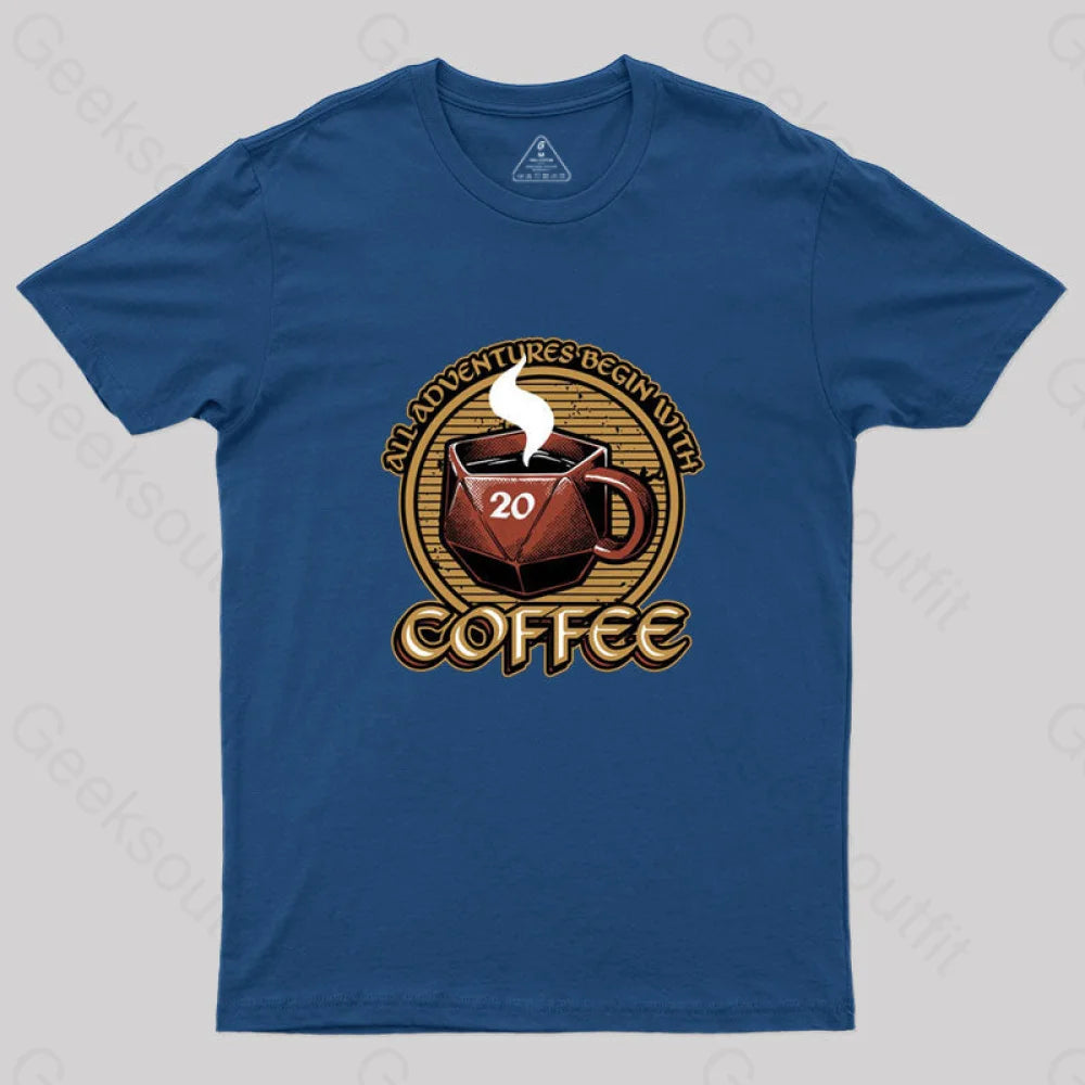 Rpg - All Adventures Begin With Coffee T-Shirt Navy / S