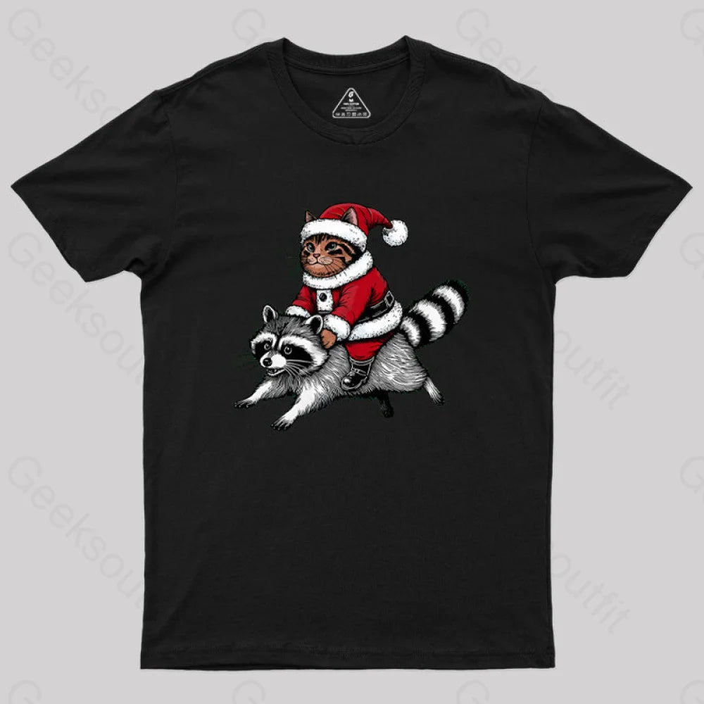 Santa Cat On A Raccoon Geek T-Shirt Black / S