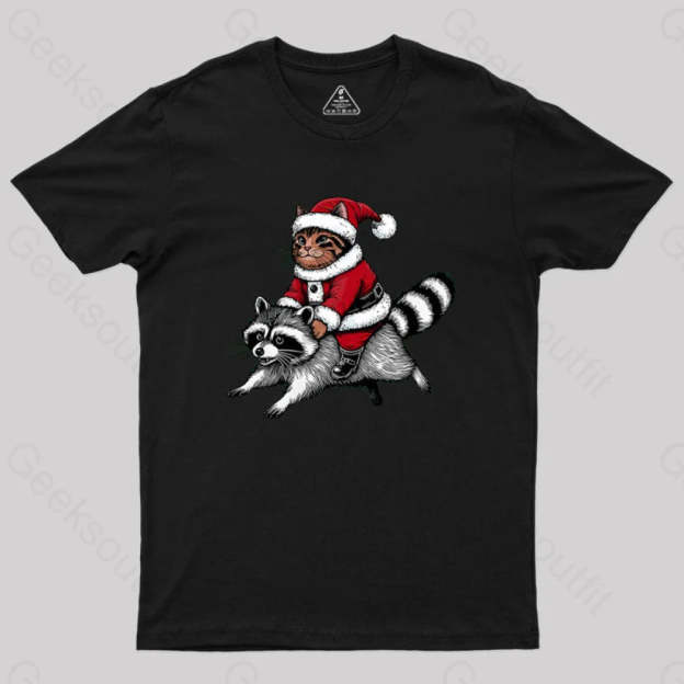 Santa Cat On A Raccoon Geek T-Shirt Black / S