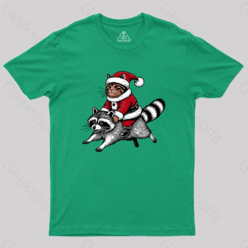 Santa Cat On A Raccoon Geek T-Shirt Green / S