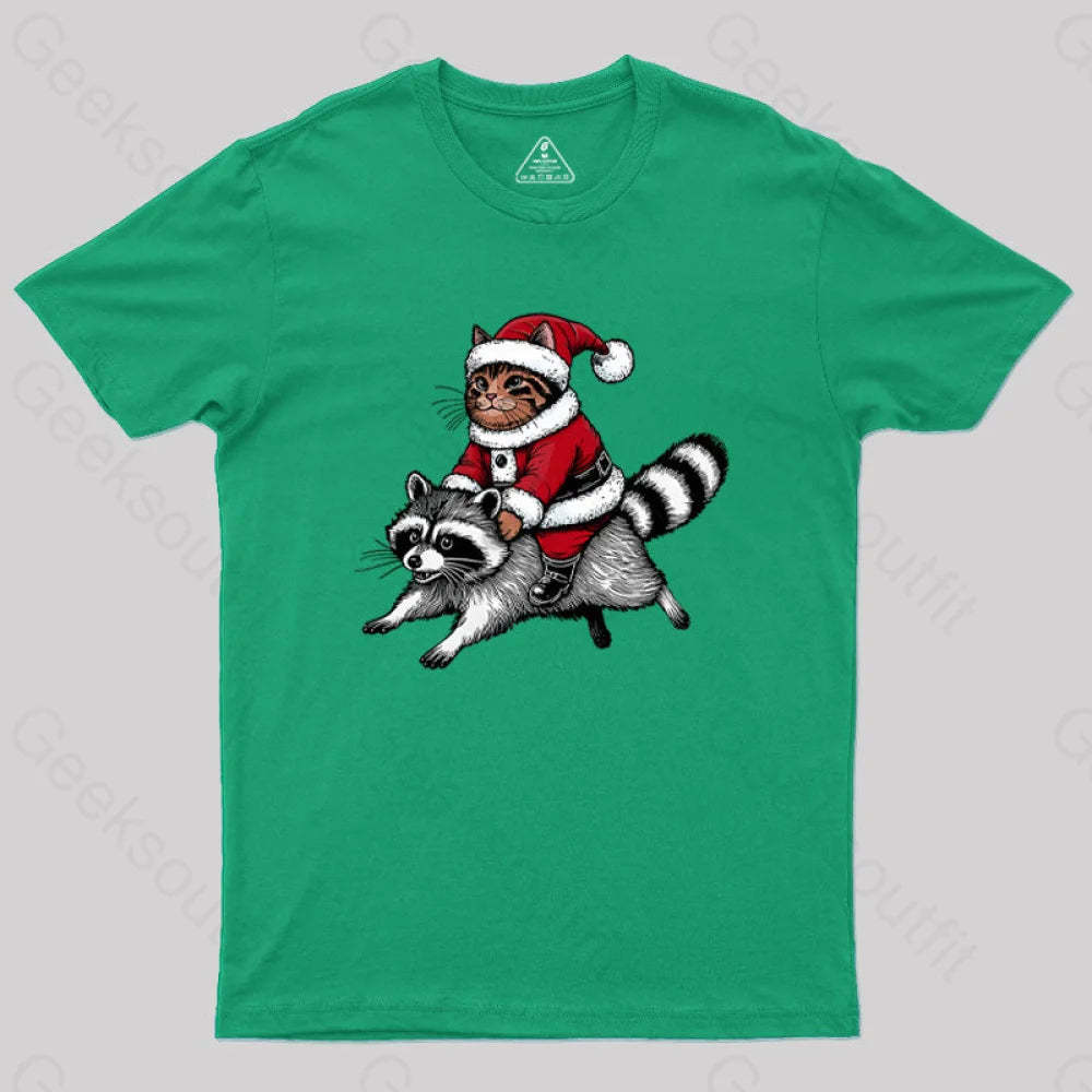 Santa Cat On A Raccoon Geek T-Shirt Green / S