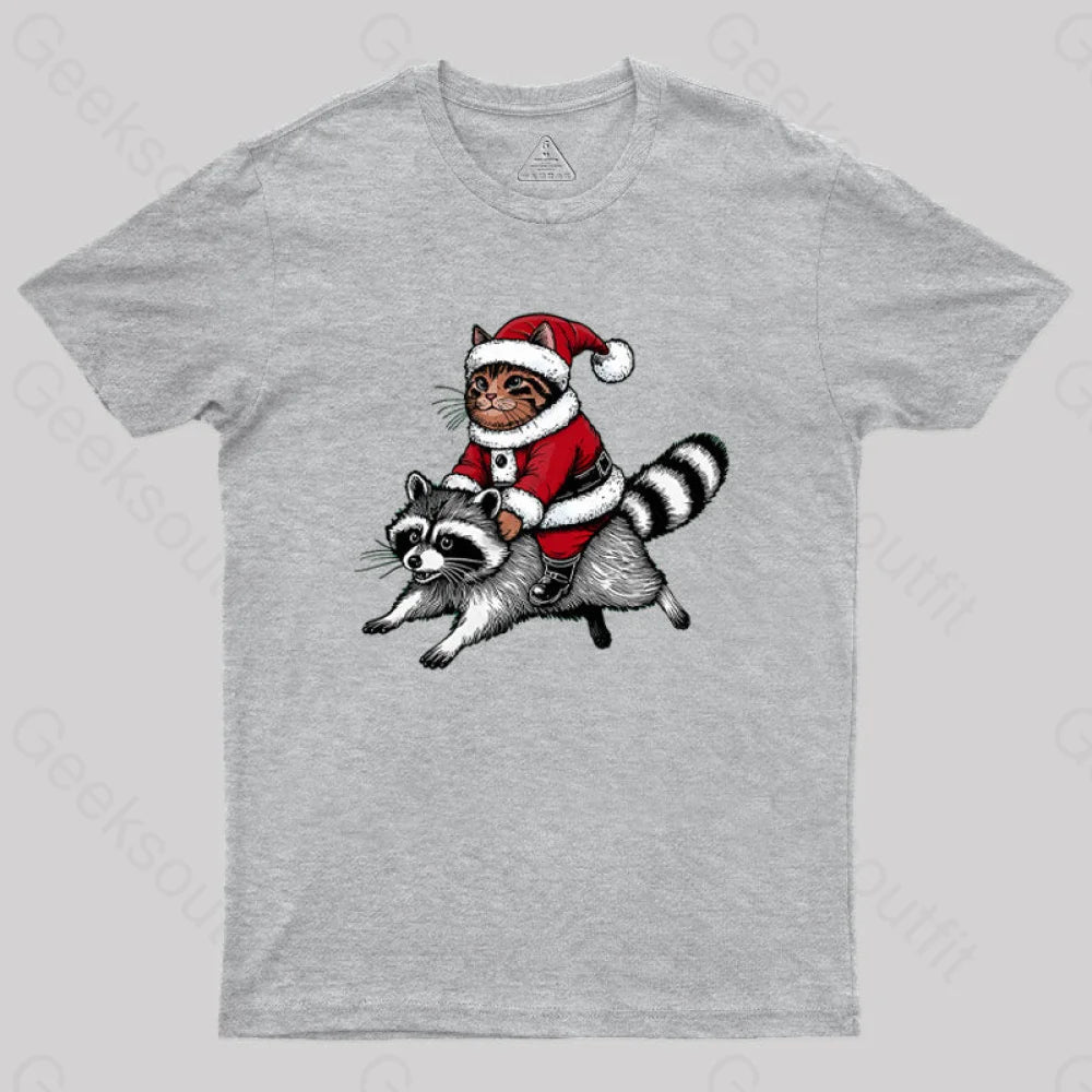 Santa Cat On A Raccoon Geek T-Shirt Grey / S