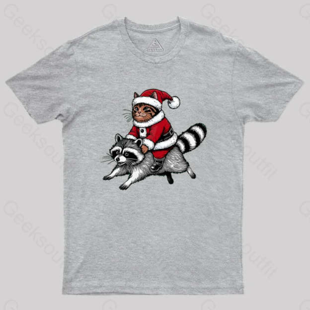 Santa Cat On A Raccoon Geek T-Shirt Grey / S