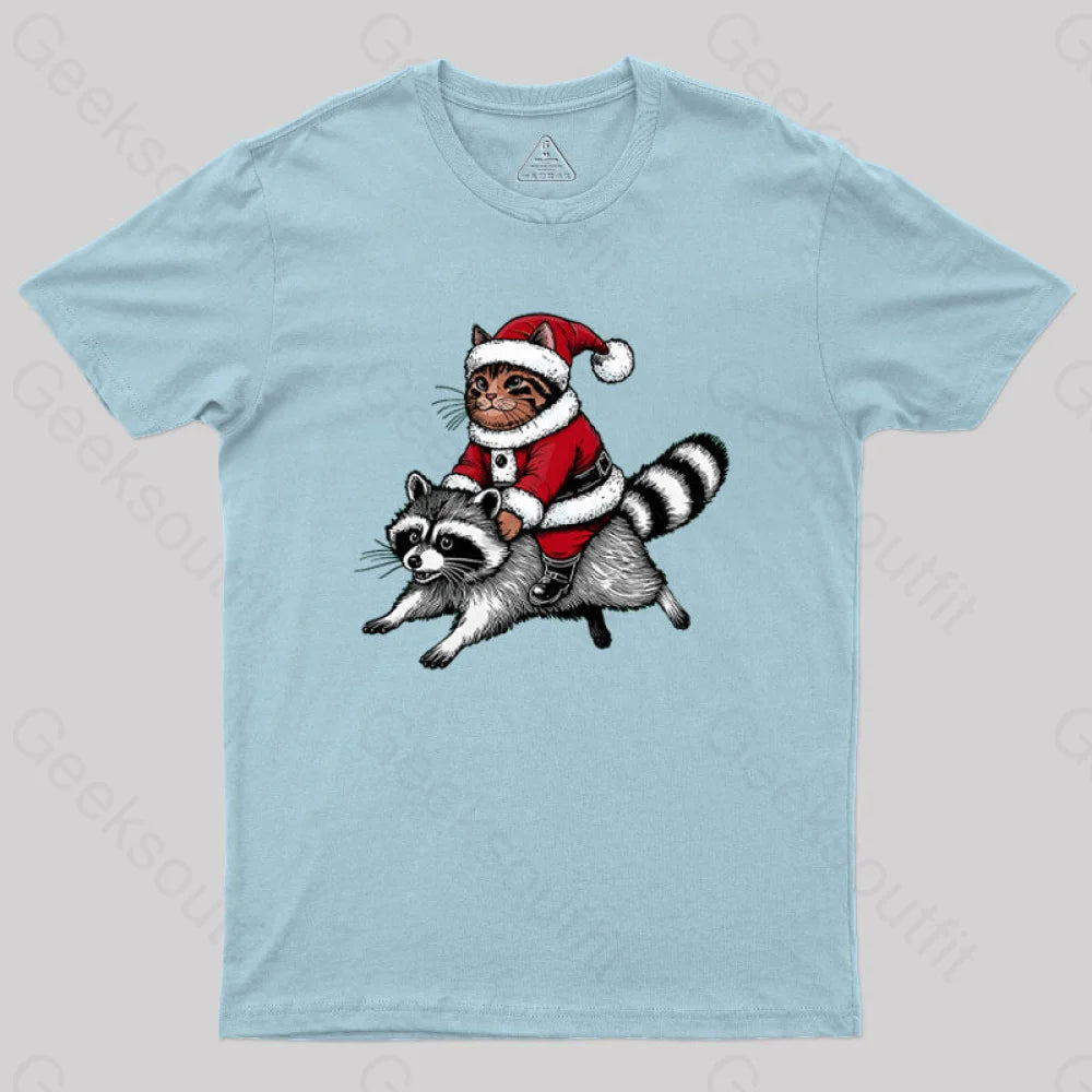 Santa Cat On A Raccoon Geek T-Shirt Light Blue / S