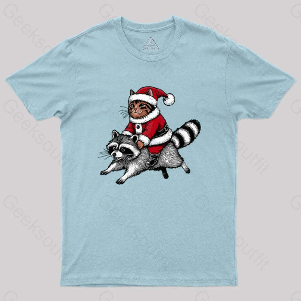 Santa Cat On A Raccoon Geek T-Shirt Light Blue / S