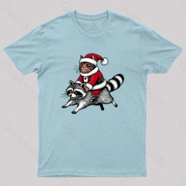 Santa Cat On A Raccoon Geek T-Shirt Light Blue / S