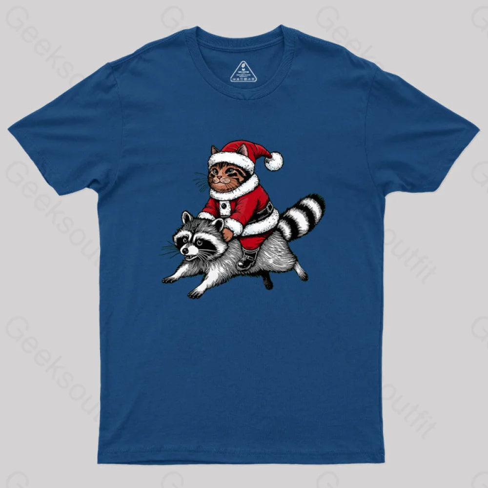 Santa Cat On A Raccoon Geek T-Shirt Navy / S