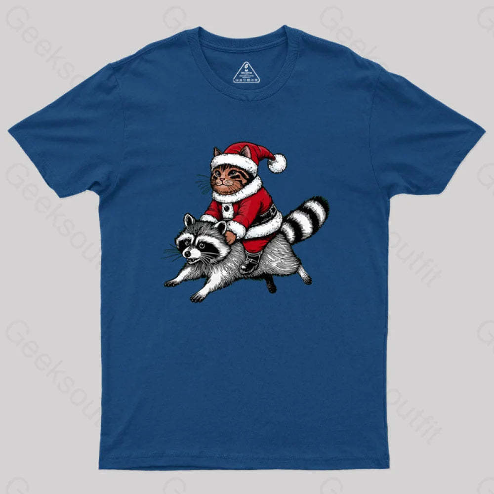 Santa Cat On A Raccoon Geek T-Shirt Navy / S