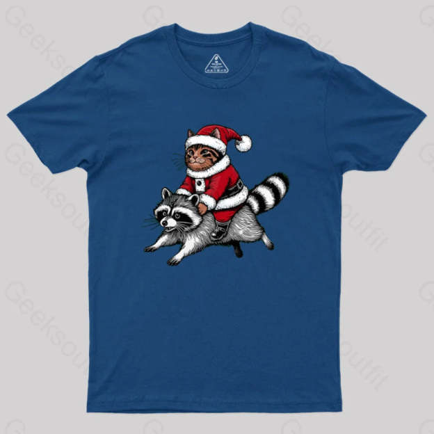Santa Cat On A Raccoon Geek T-Shirt Navy / S