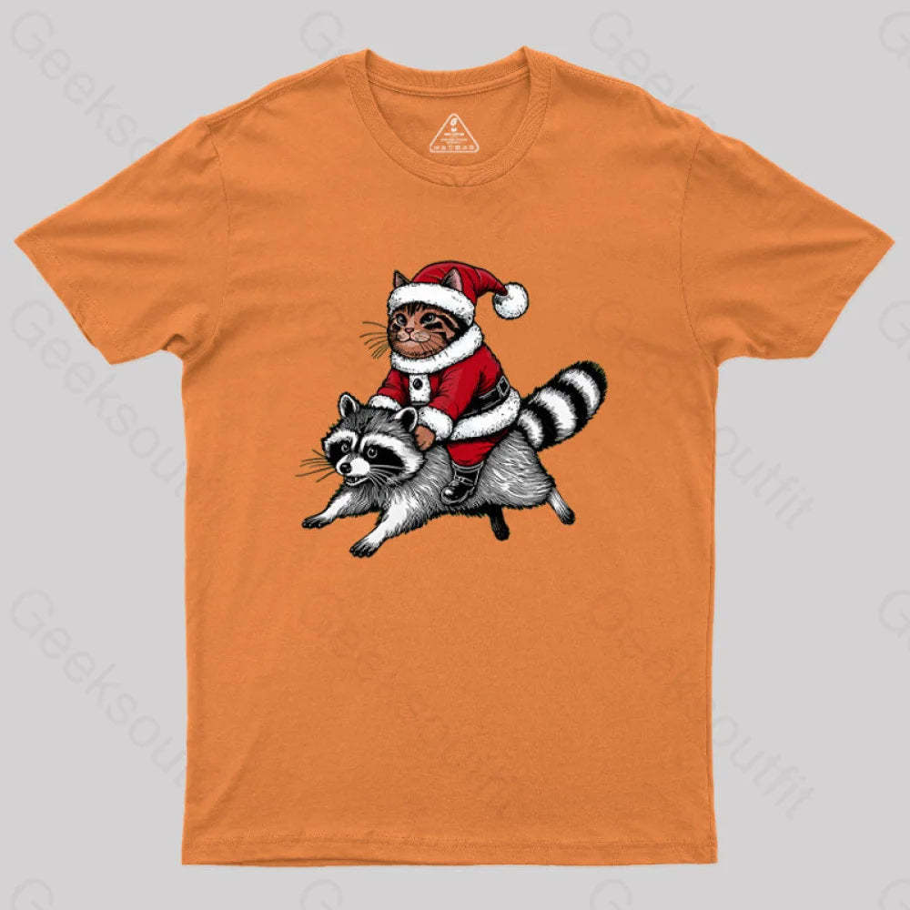 Santa Cat On A Raccoon Geek T-Shirt Orange / S