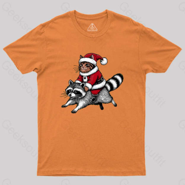 Santa Cat On A Raccoon Geek T-Shirt Orange / S