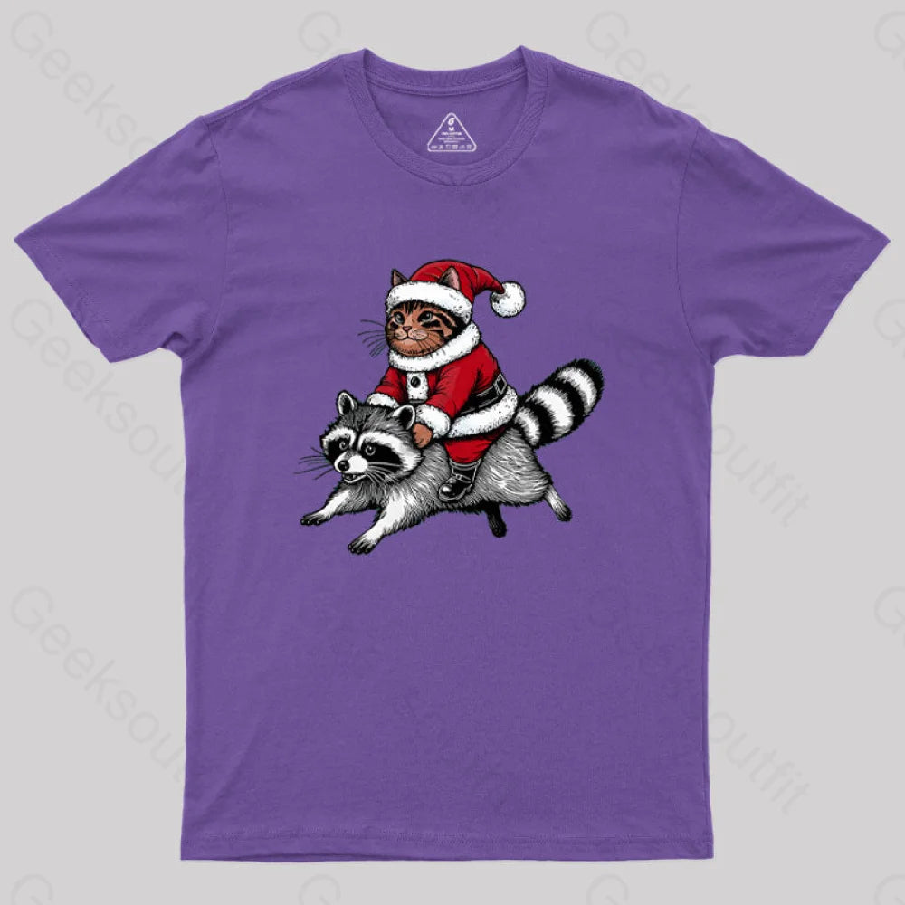 Santa Cat On A Raccoon Geek T-Shirt Purple / S