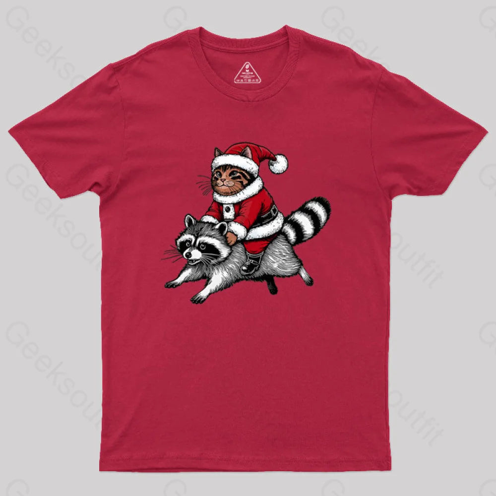 Santa Cat On A Raccoon Geek T-Shirt Red / S