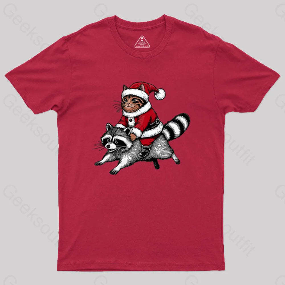 Santa Cat On A Raccoon Geek T-Shirt Red / S