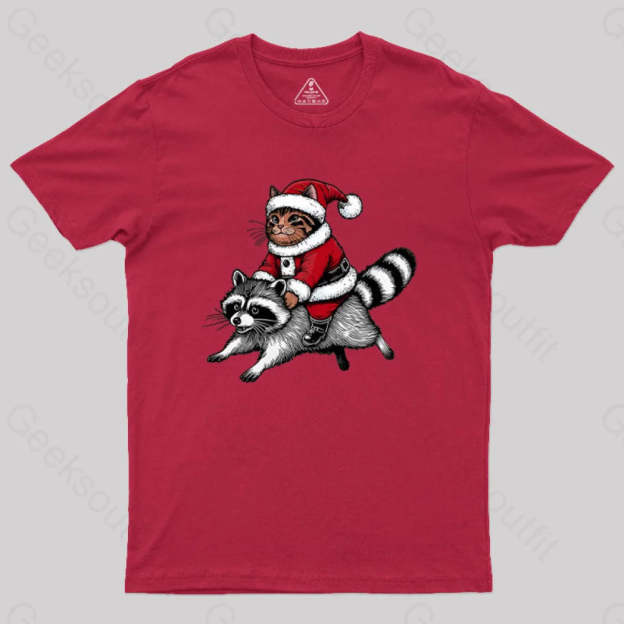 Santa Cat On A Raccoon Geek T-Shirt Red / S