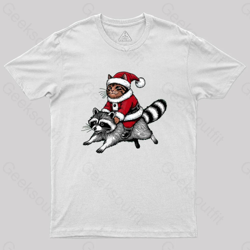Santa Cat On A Raccoon Geek T-Shirt White / S