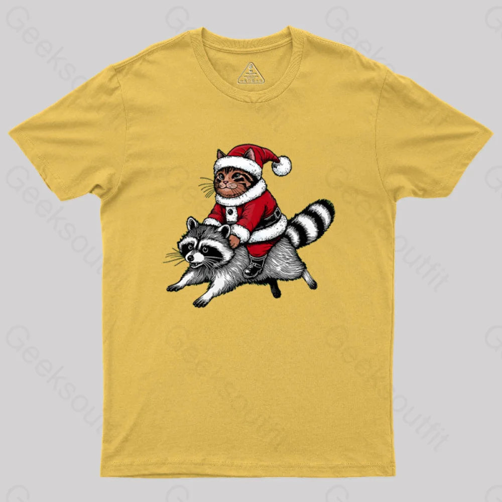 Santa Cat On A Raccoon Geek T-Shirt Yellow / S