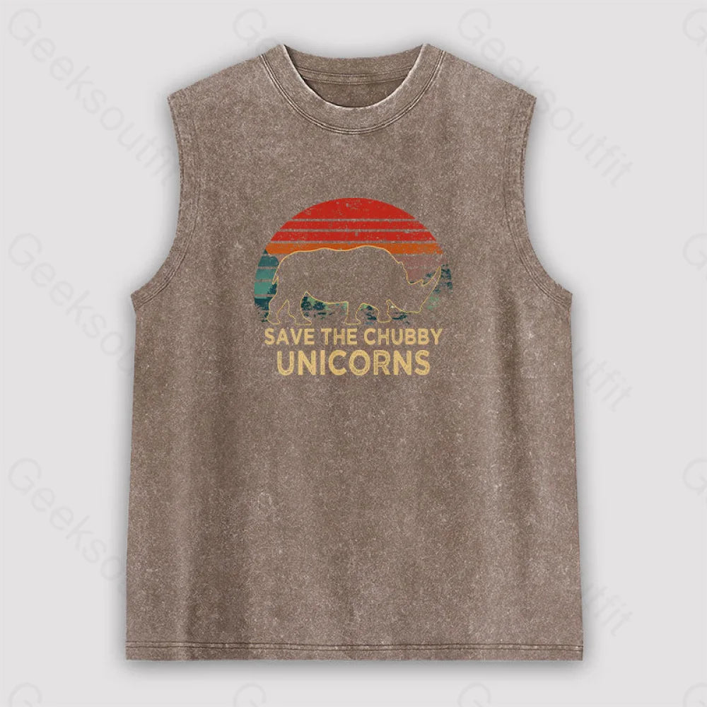 Save The Chubby Unicorns Unisex Washed Tank Brown / S