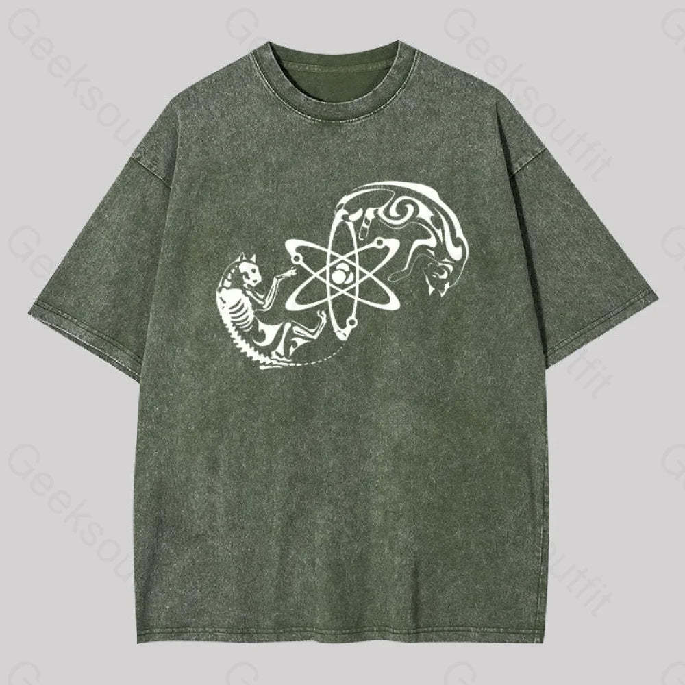 Science Cat Geek Washed T-Shirt Army Green / S
