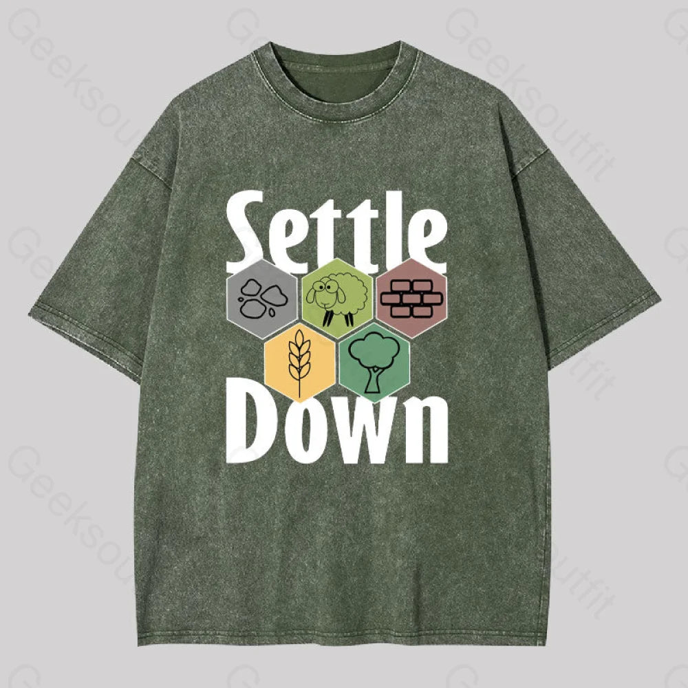 Settle Down Geek Washed T-Shirt Army Green / S