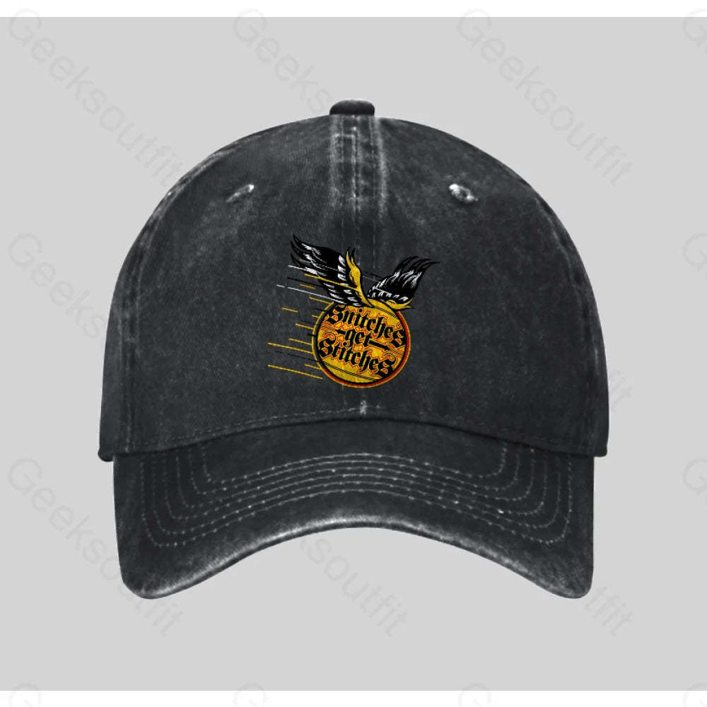 Snitches Get Stitches Washed Vintage Baseball Cap Black