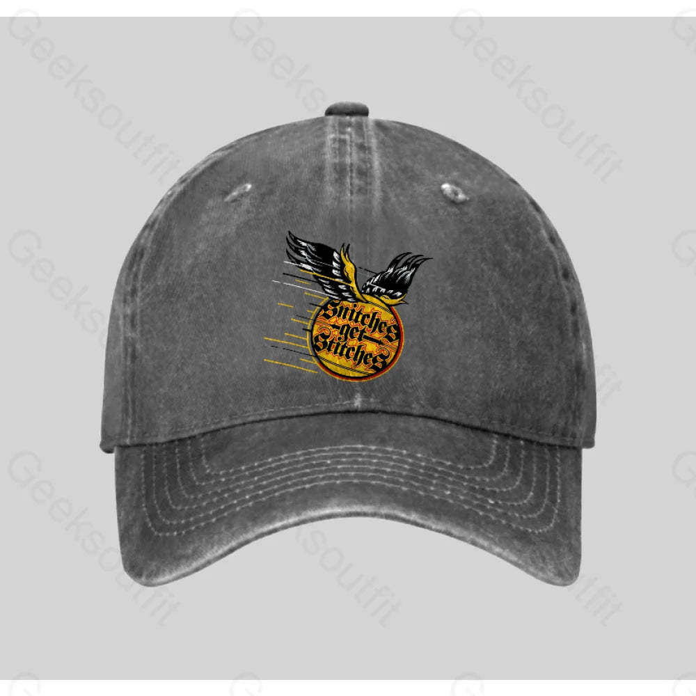 Snitches Get Stitches Washed Vintage Baseball Cap Grey