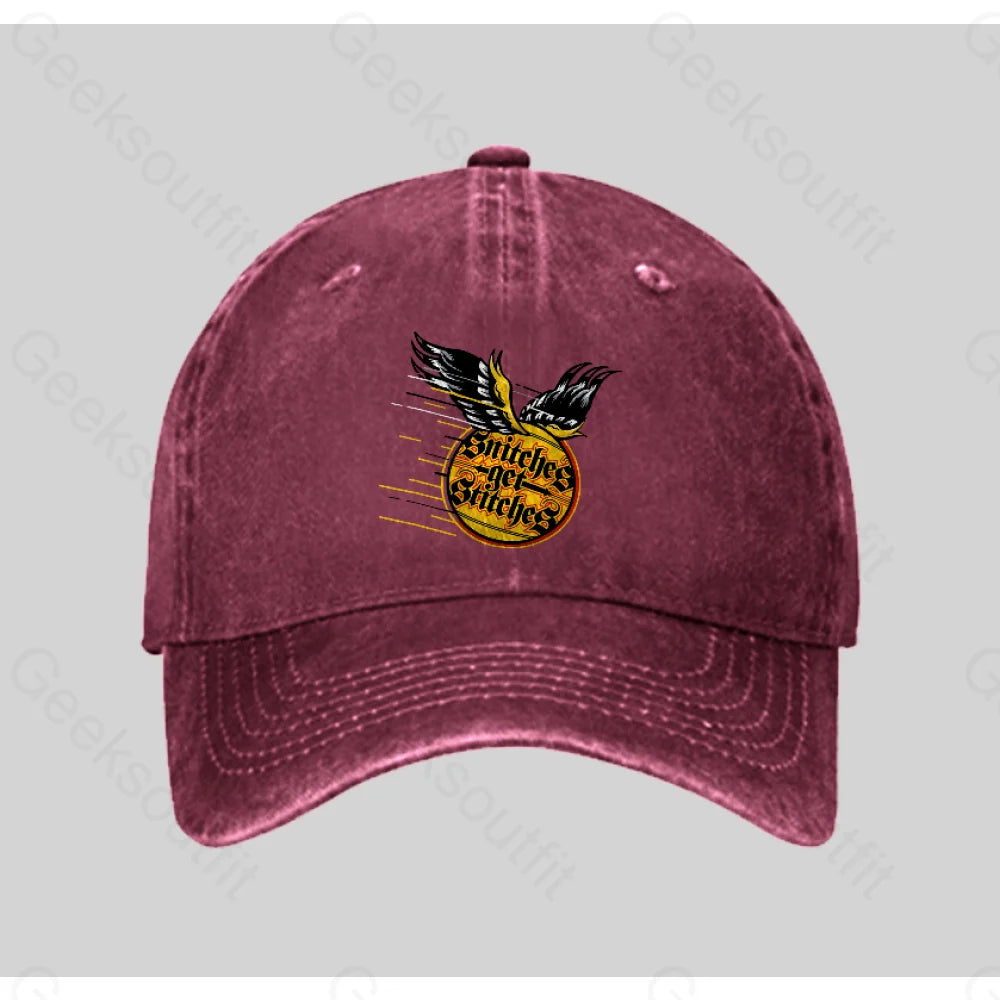 Snitches Get Stitches Washed Vintage Baseball Cap Red