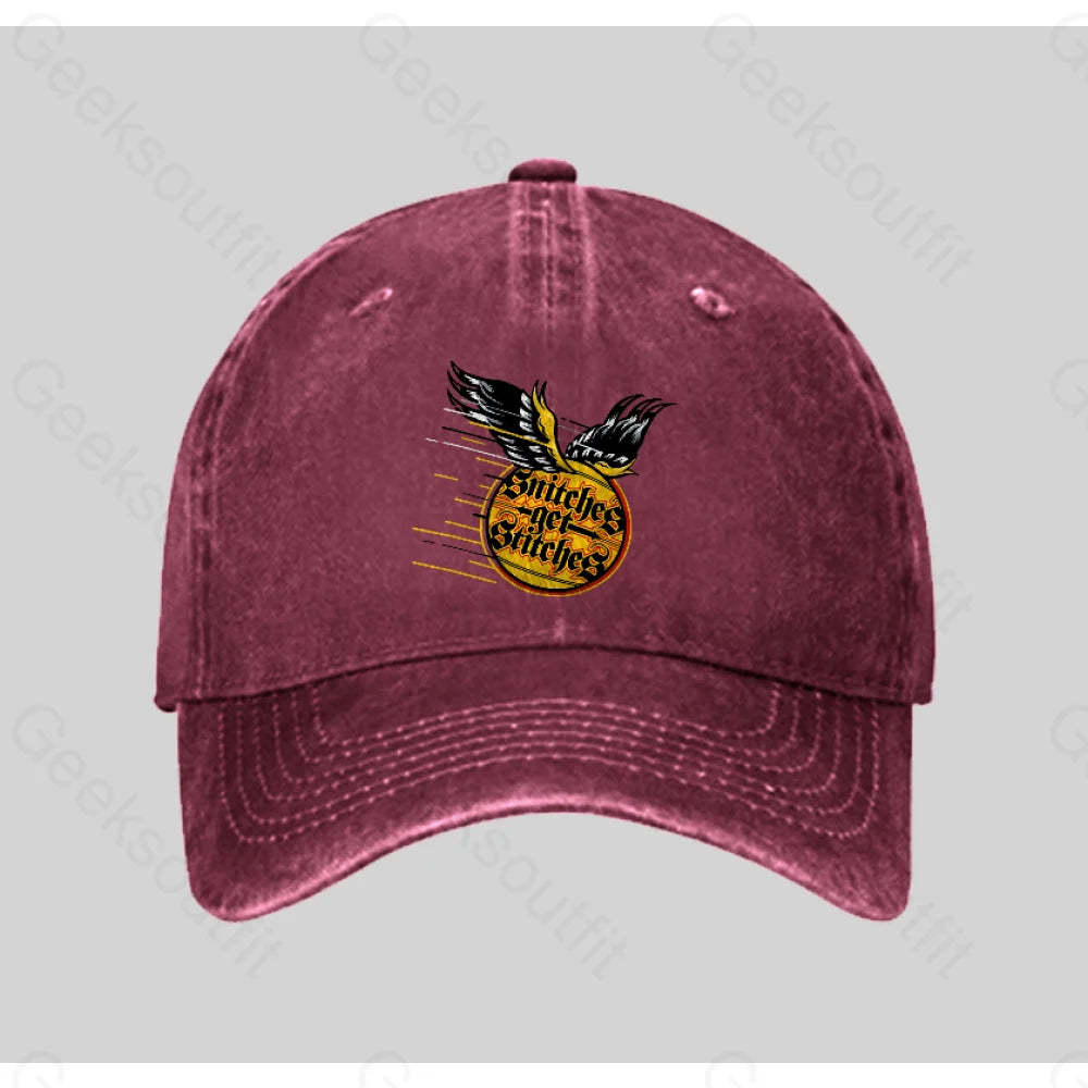 Snitches Get Stitches Washed Vintage Baseball Cap Red