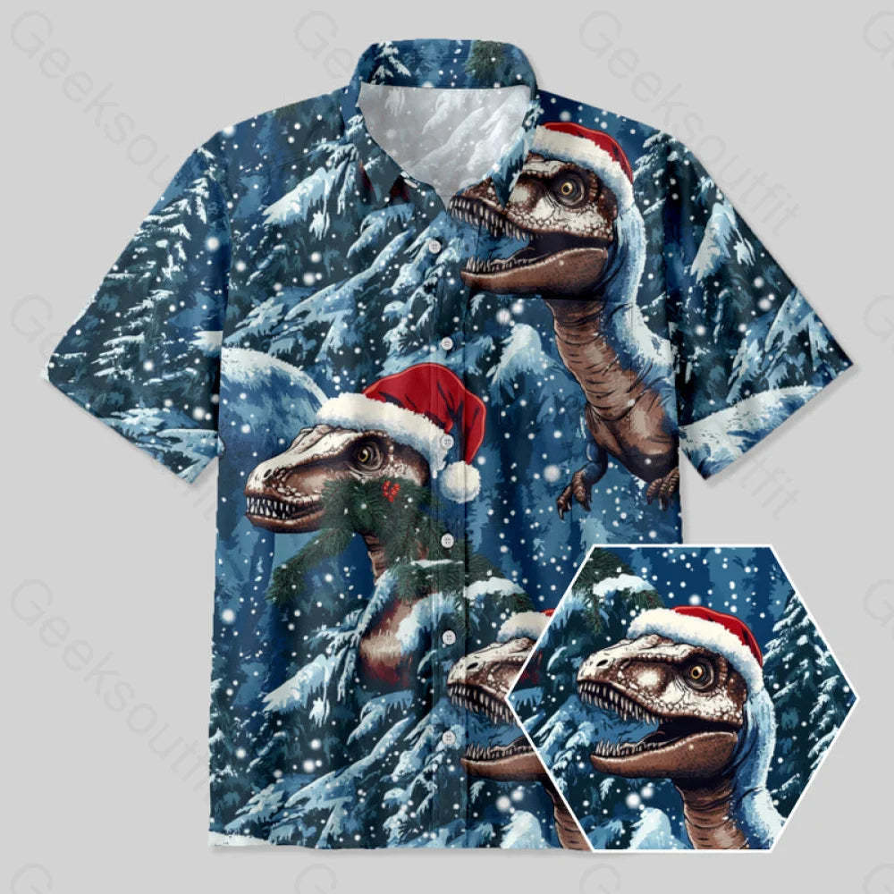 Snow Christmas Jurassic Dinosaur Button Up Pocket Shirt Yc