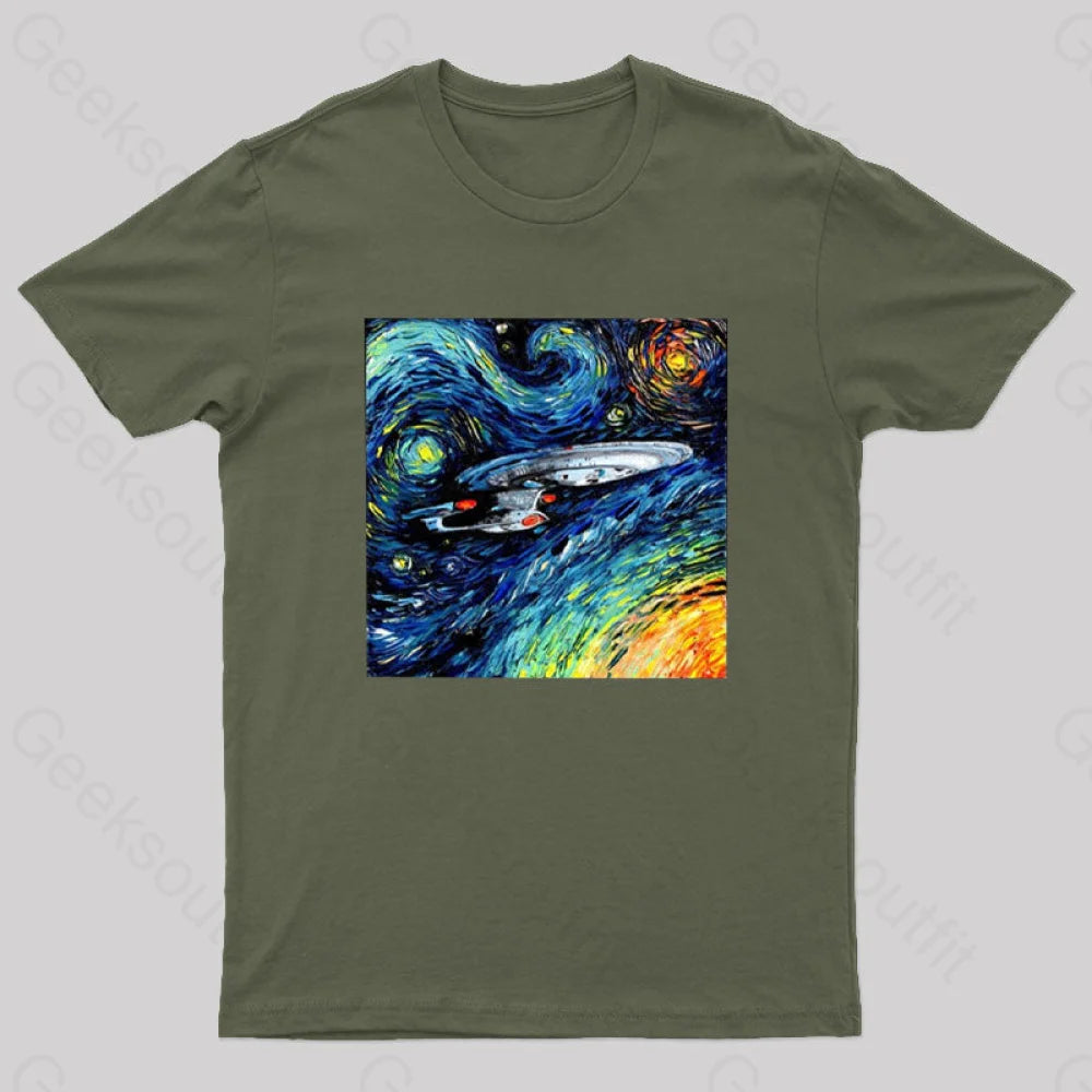 Starry Sky Psychedelic Spaceship T-Shirt Army Green / S