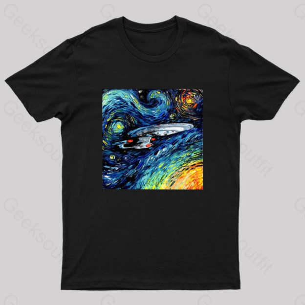 Starry Sky Psychedelic Spaceship T-Shirt Black / S