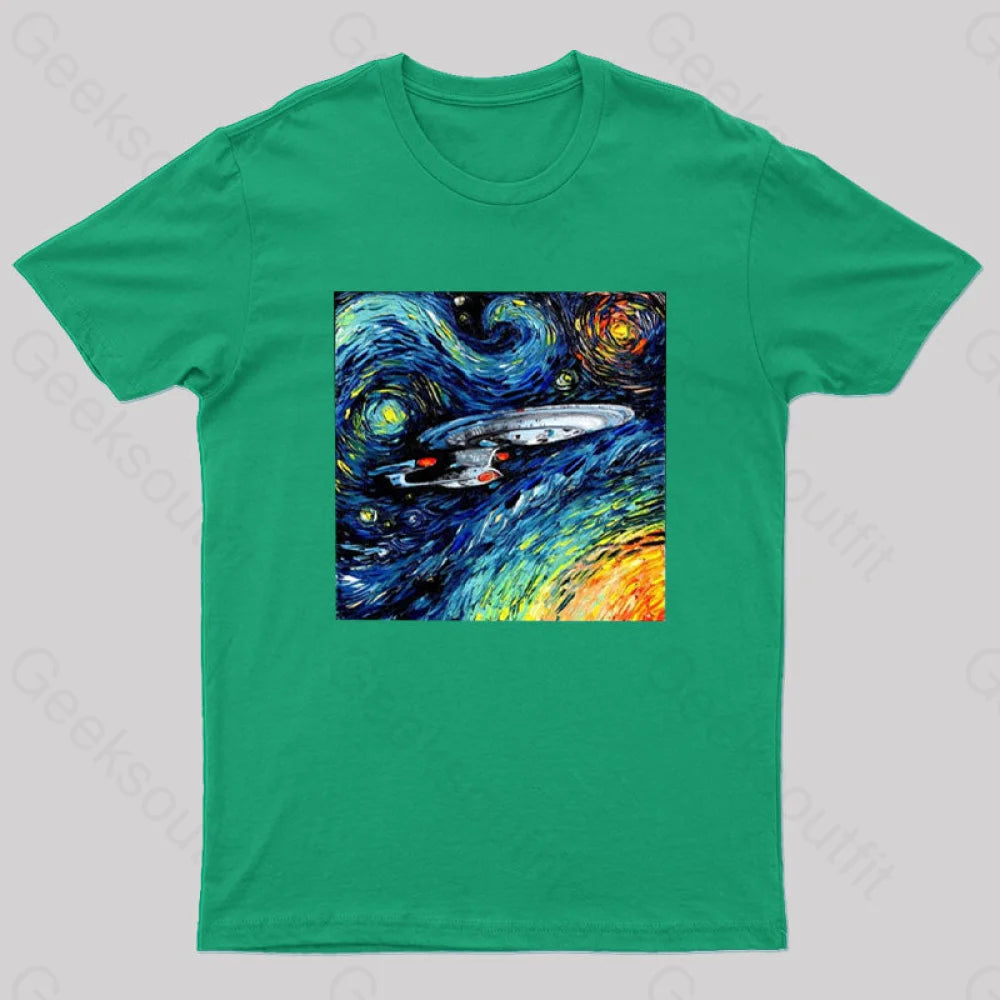 Starry Sky Psychedelic Spaceship T-Shirt Green / S