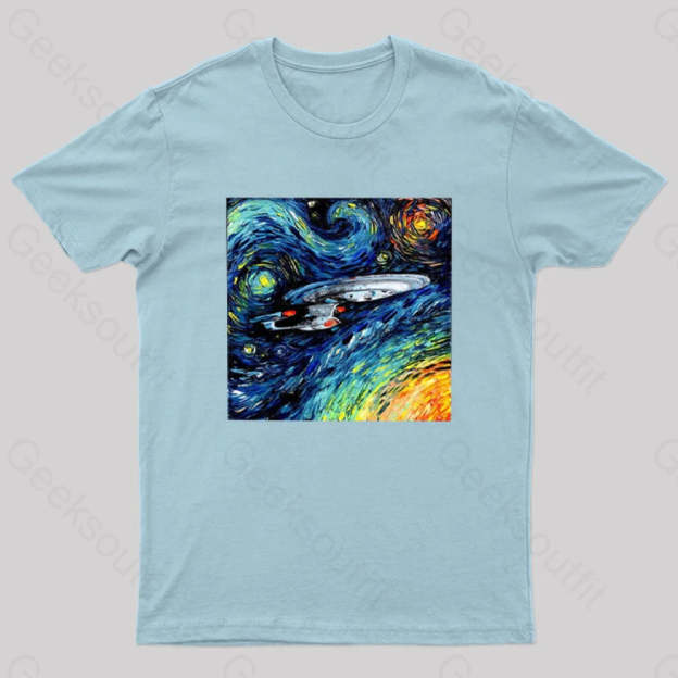 Starry Sky Psychedelic Spaceship T-Shirt Light Blue / S