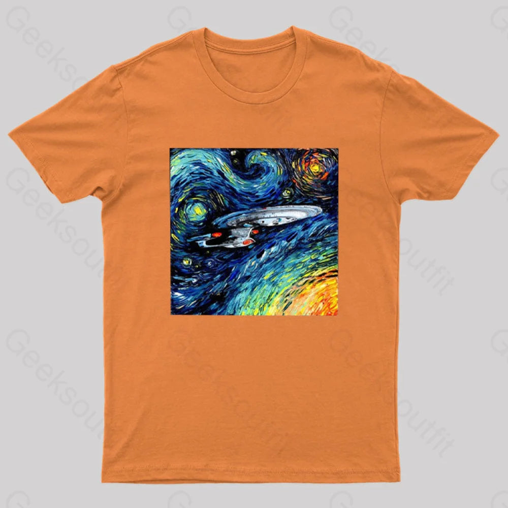Starry Sky Psychedelic Spaceship T-Shirt Orange / S