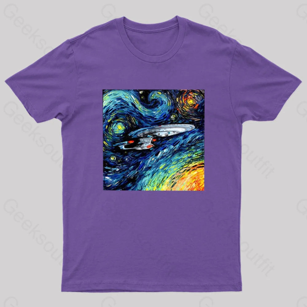 Starry Sky Psychedelic Spaceship T-Shirt Purple / S