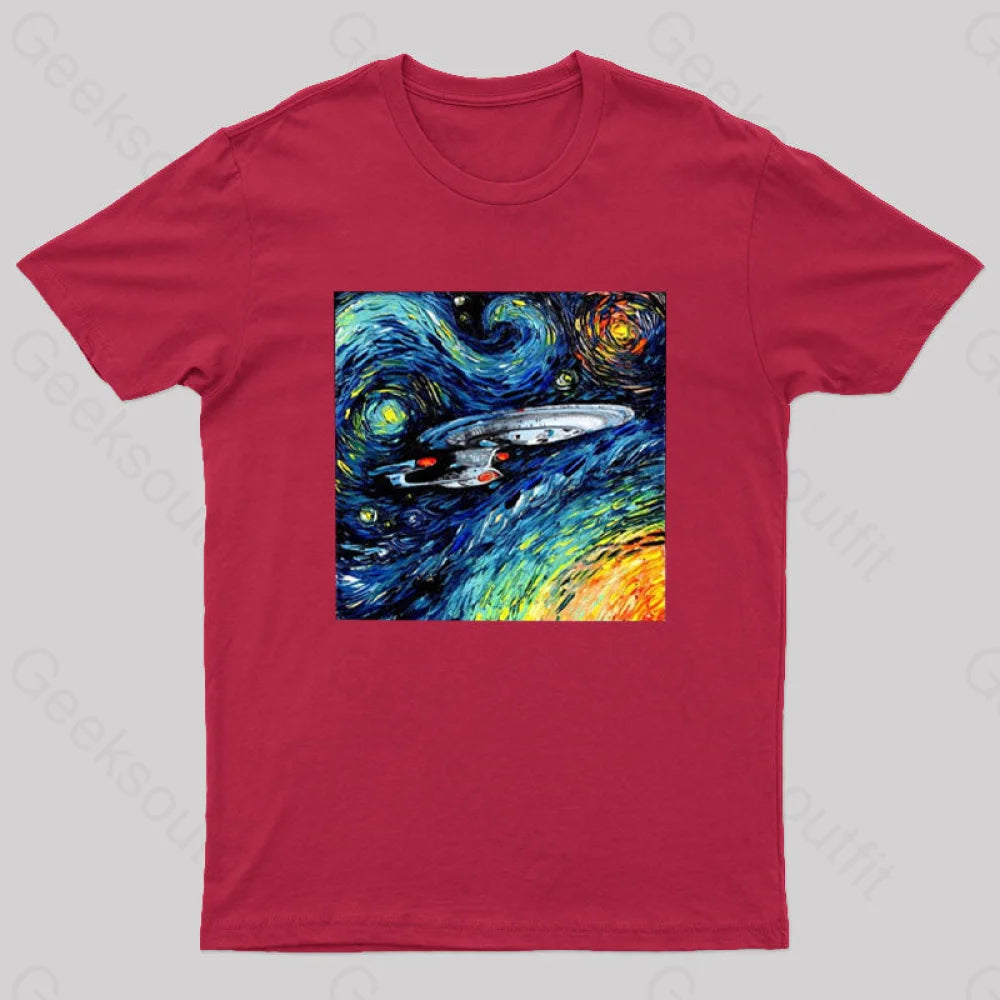 Starry Sky Psychedelic Spaceship T-Shirt Red / S