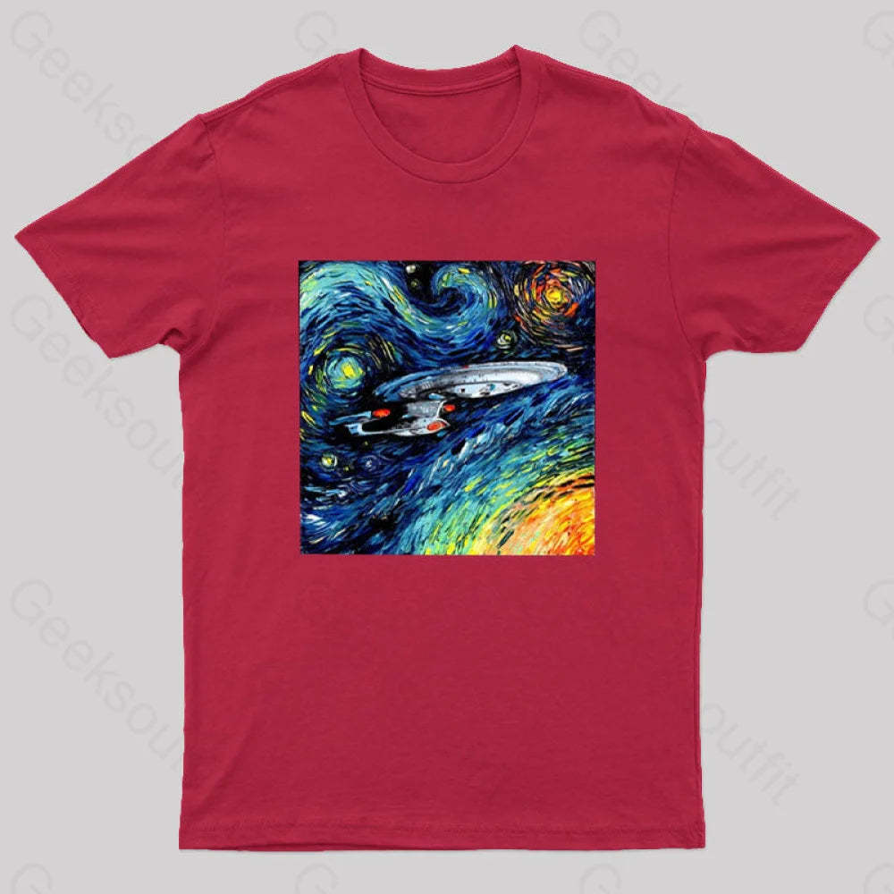 Starry Sky Psychedelic Spaceship T-Shirt Red / S