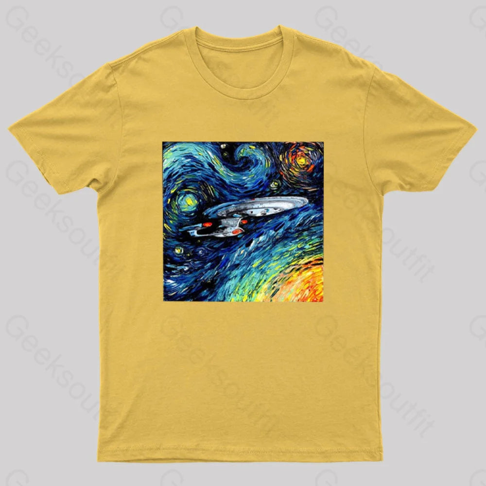Starry Sky Psychedelic Spaceship T-Shirt Yellow / S