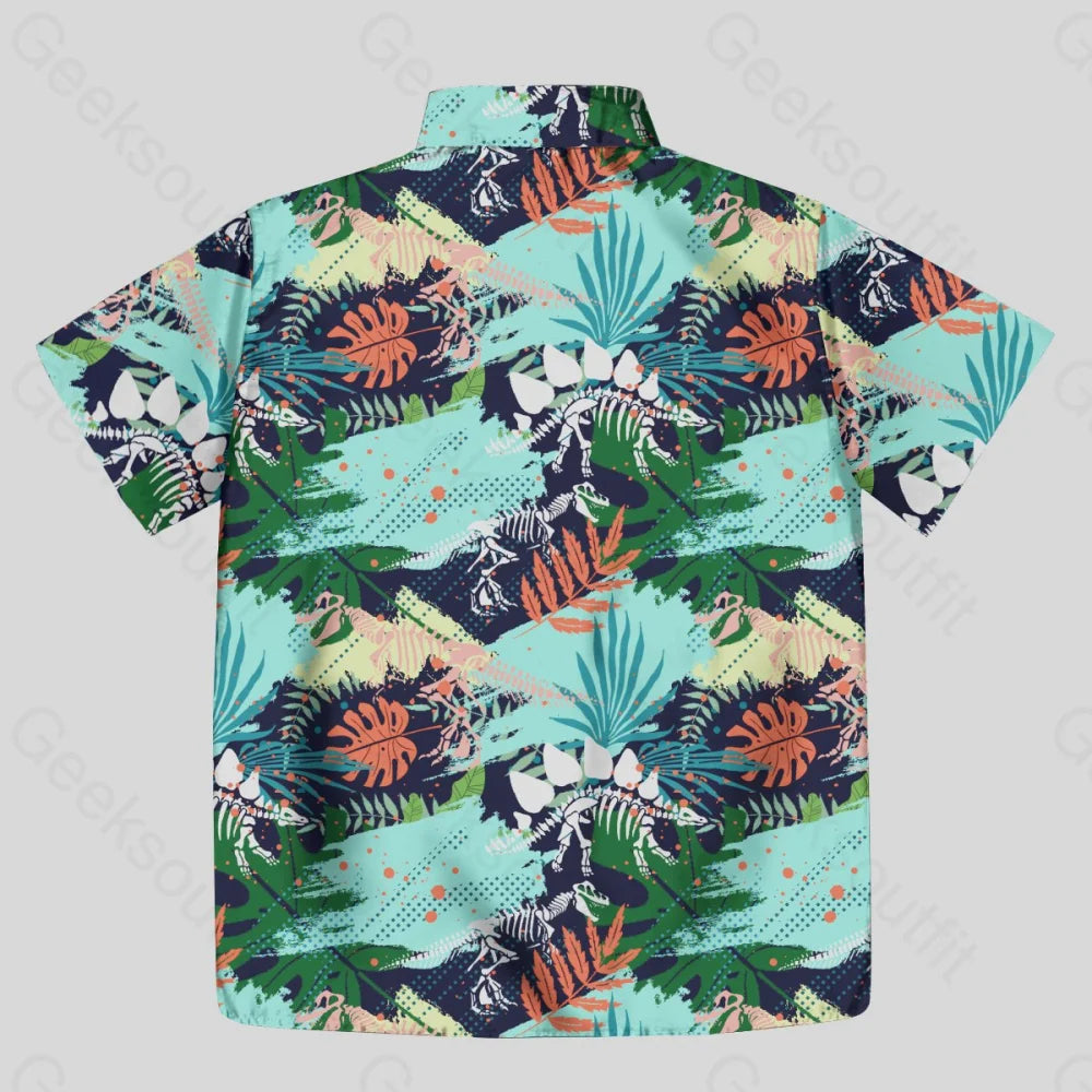 Stegosaurus Bones Footprints Green Dinosaur Button Up Pocket Shirt - Geeksoutfit