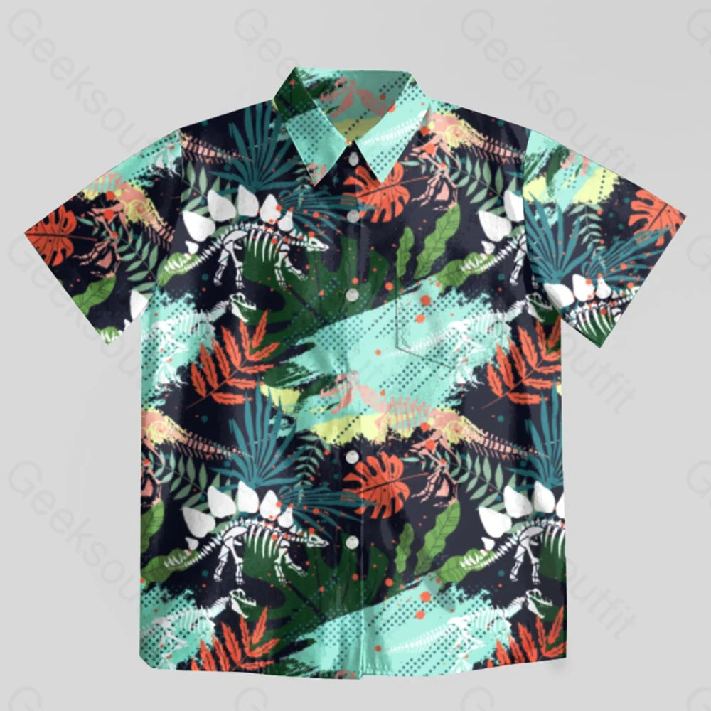 Stegosaurus Bones Footprints Green Dinosaur Button Up Pocket Shirt - Geeksoutfit