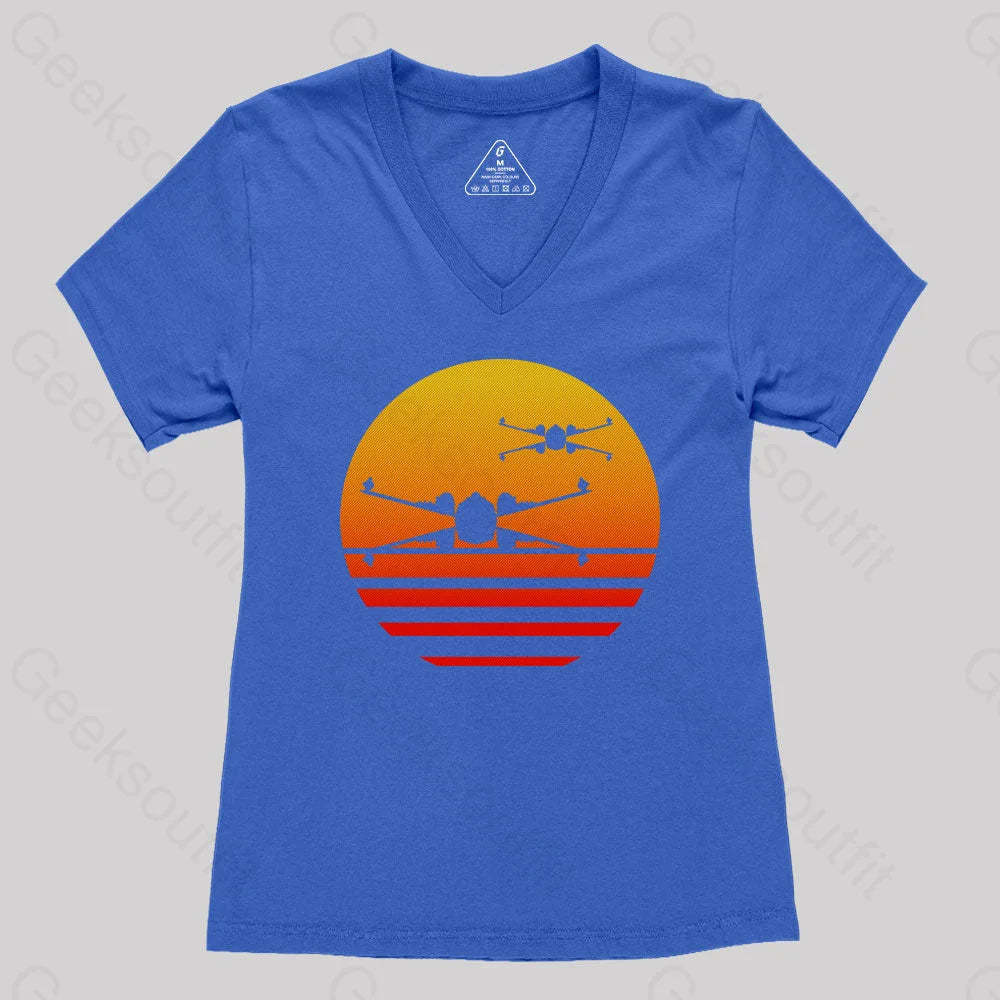 Sunset X-Wing Starfighter Women’s V-Neck T-Shirt Royal Blue / S