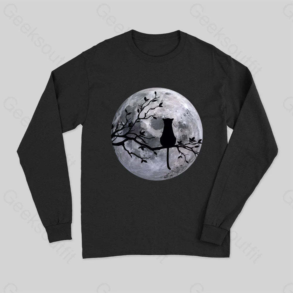 The Cat And The Moon Long Sleeve T-Shirt Black / S