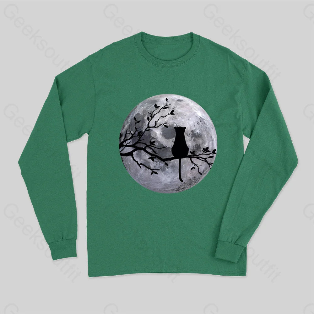 The Cat And The Moon Long Sleeve T-Shirt Green / S