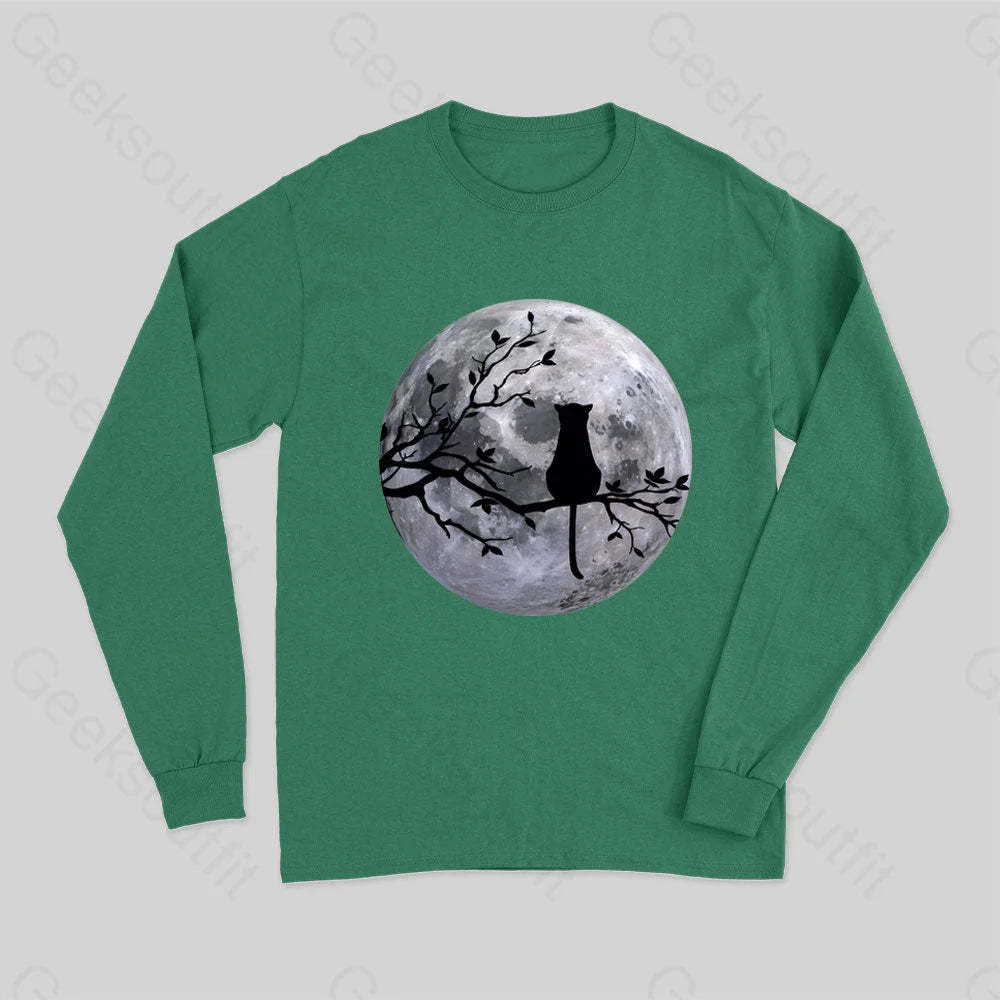 The Cat And The Moon Long Sleeve T-Shirt Green / S