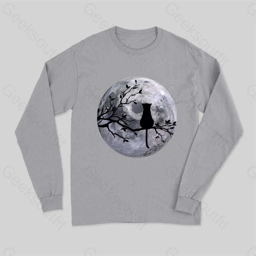 The Cat And The Moon Long Sleeve T-Shirt Grey / S