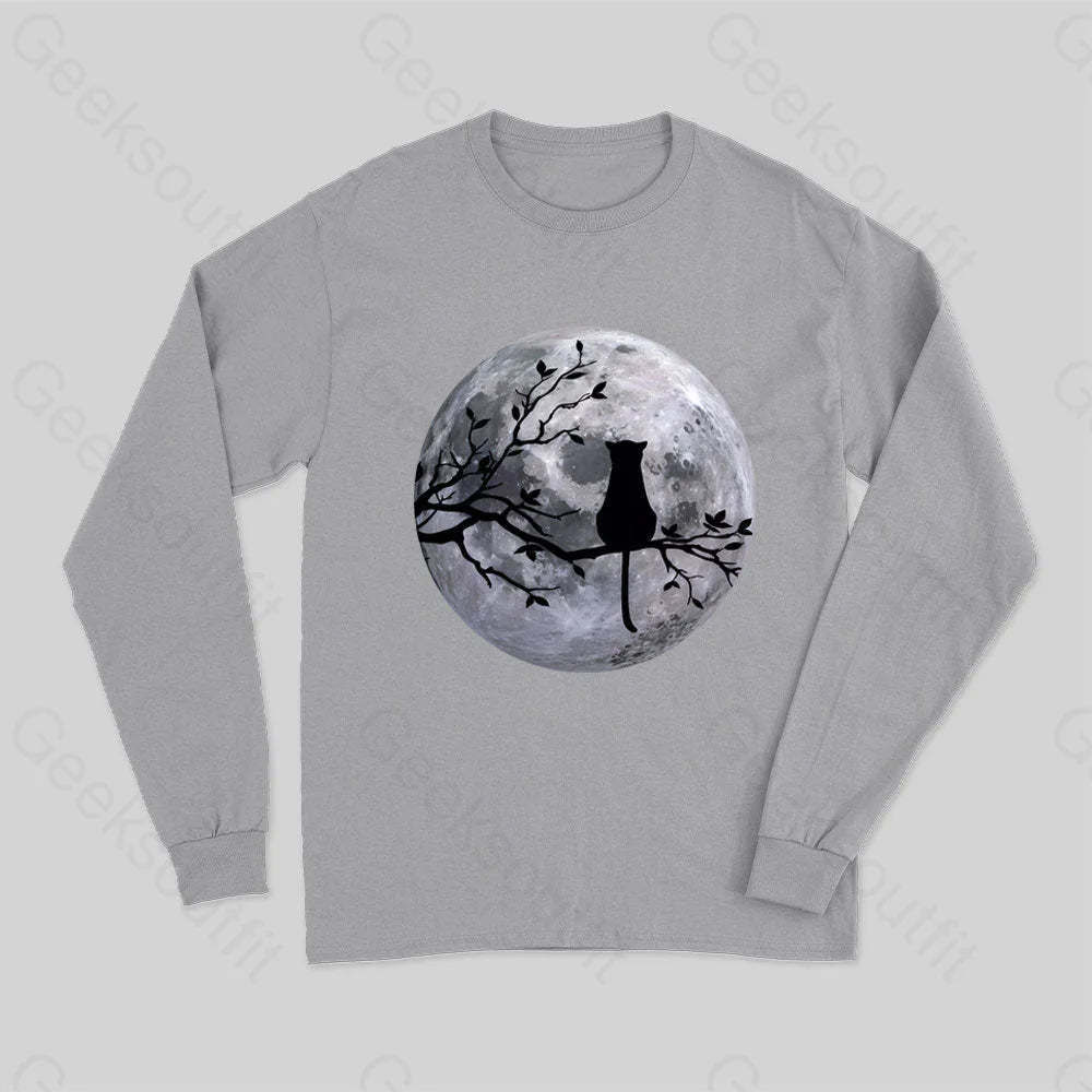 The Cat And The Moon Long Sleeve T-Shirt Grey / S