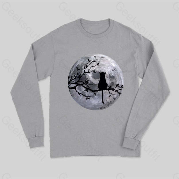The Cat And The Moon Long Sleeve T-Shirt Grey / S